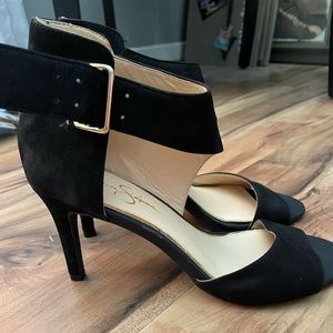 Jessica Simpson black velvet heel buckle new